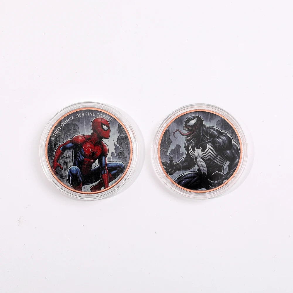 Two round challenge coins featuring designs of Spider-Man and the Grim Reaper.