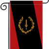 A black heritage garden flag with a red and black vertical design featuring a gold laurel wreath.