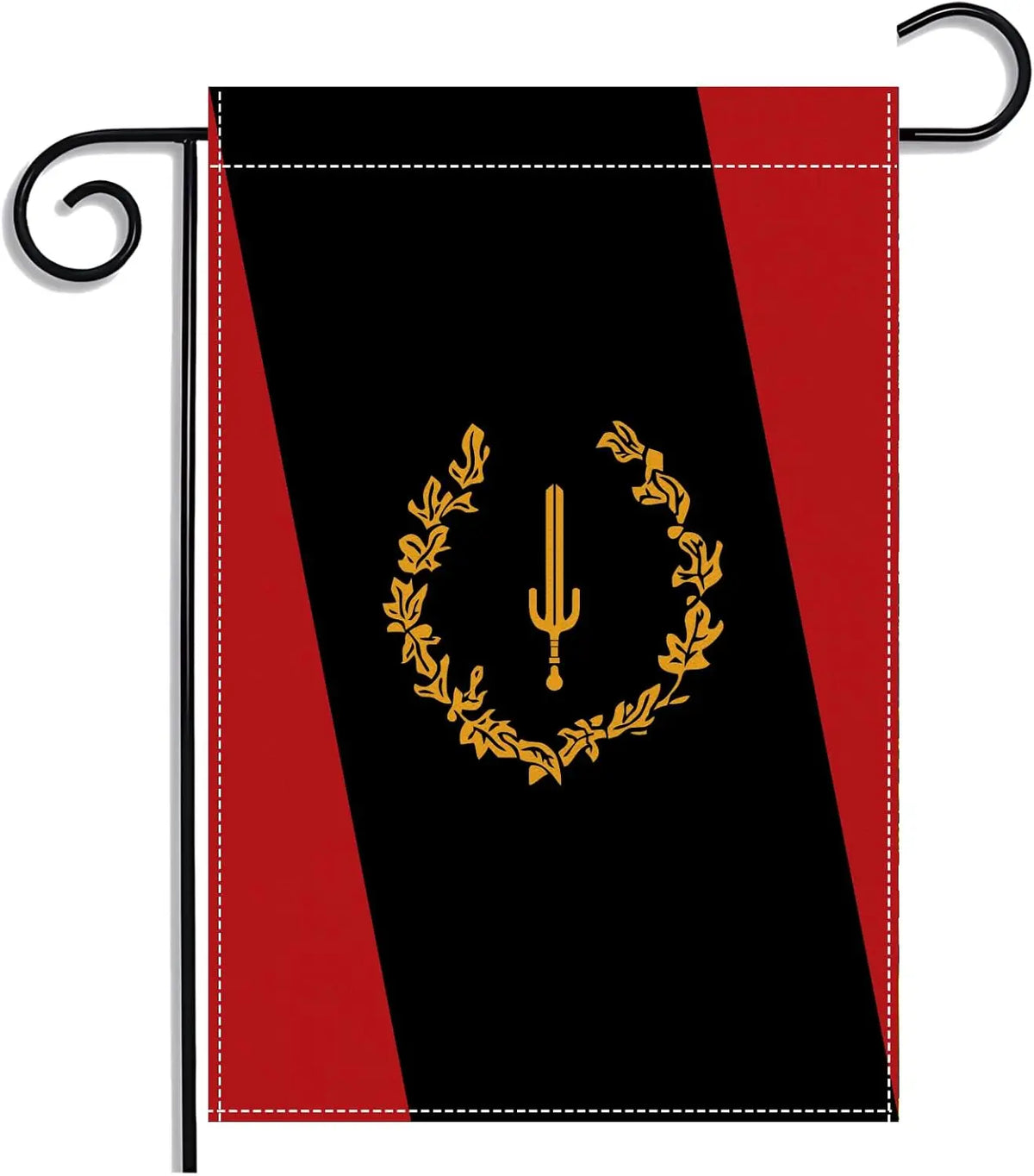 A black heritage garden flag with a red and black vertical design featuring a gold laurel wreath.
