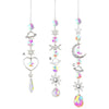 Three hanging crystal wind chime pendants featuring rainbow sun catchers and celestial designs.