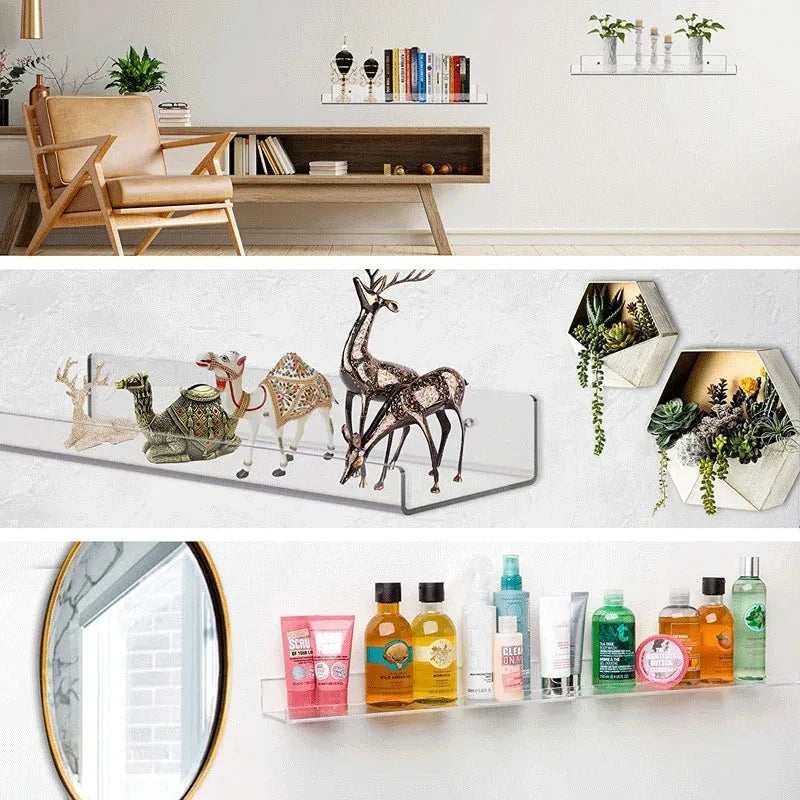 Clear acrylic floating shelf with wall mount displaying various skincare and beauty products.
