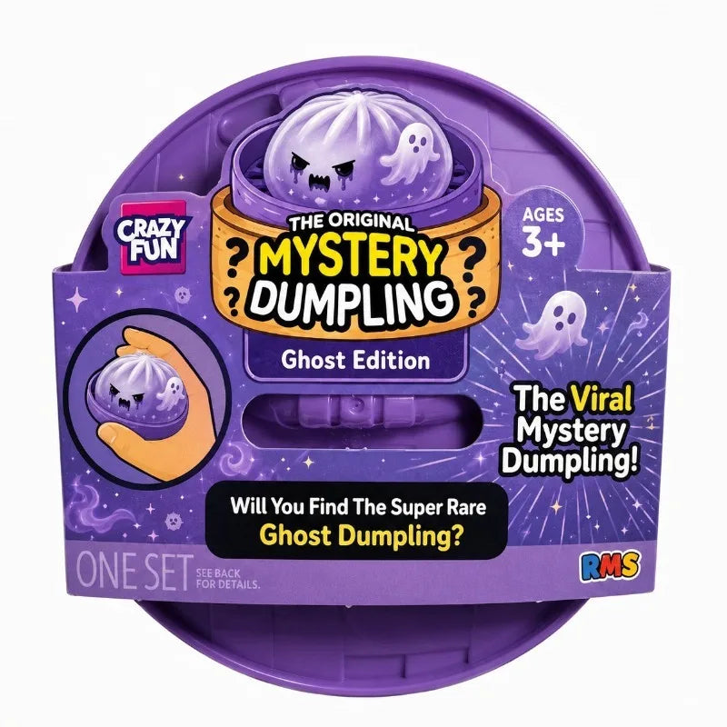 A purple fidget toy set featuring a ghost dumpling and various mystery elements for children.