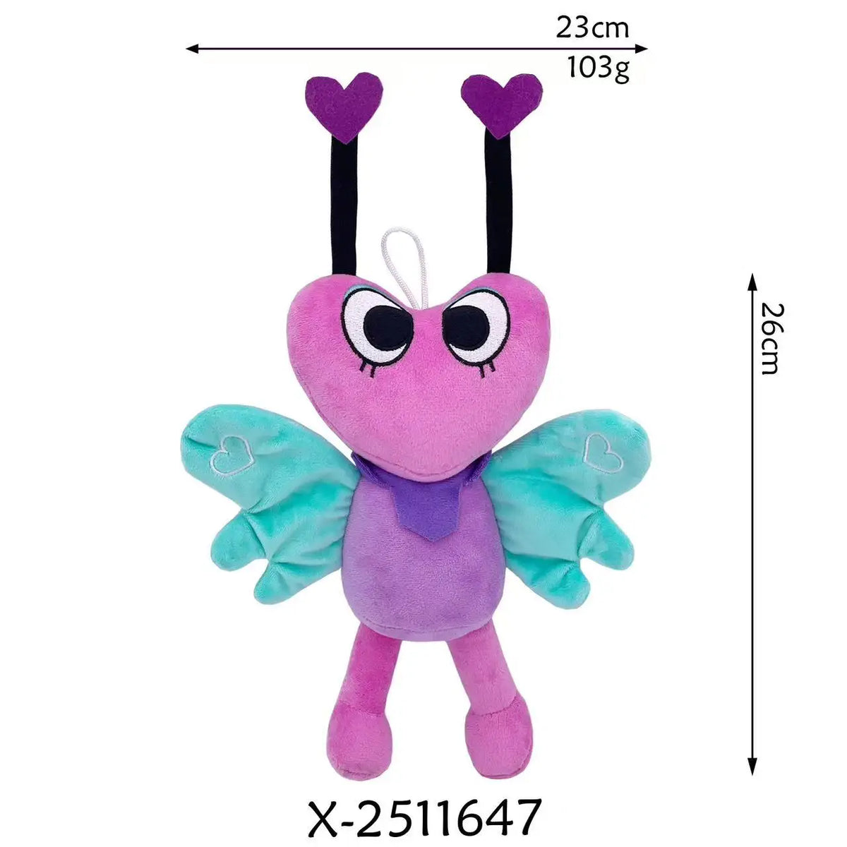 A purple and teal plush toy with butterfly wings and long ears.