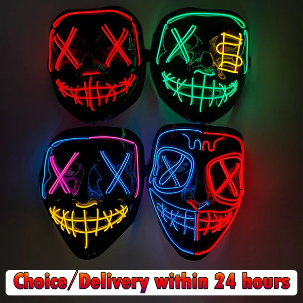 Four glowing LED Halloween masks featuring skull faces with various colored light patterns