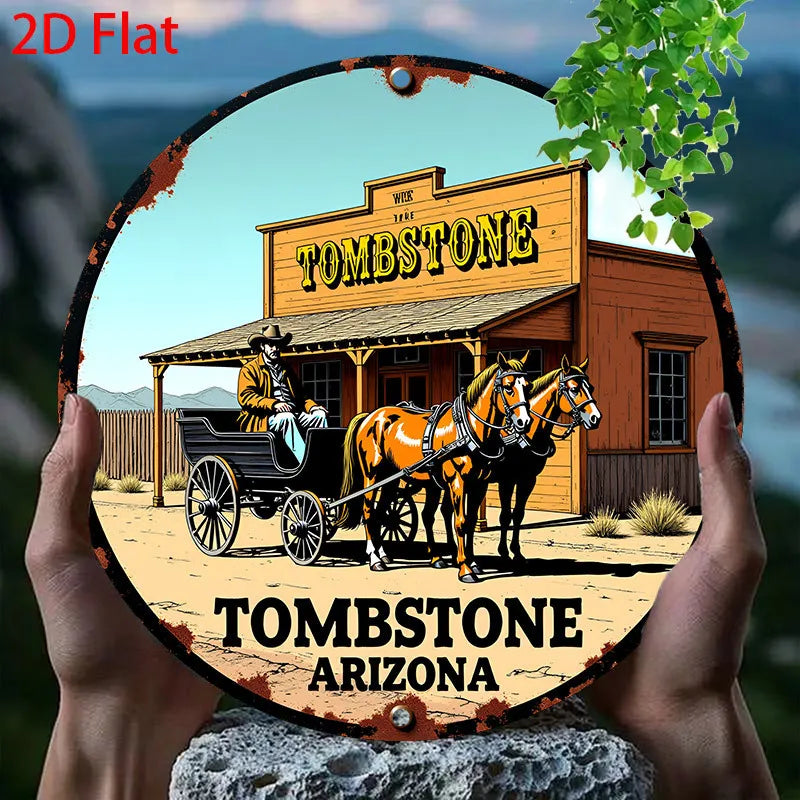 A vintage western tombstone sign featuring a wooden building and a horse, set against a scenic landscape.