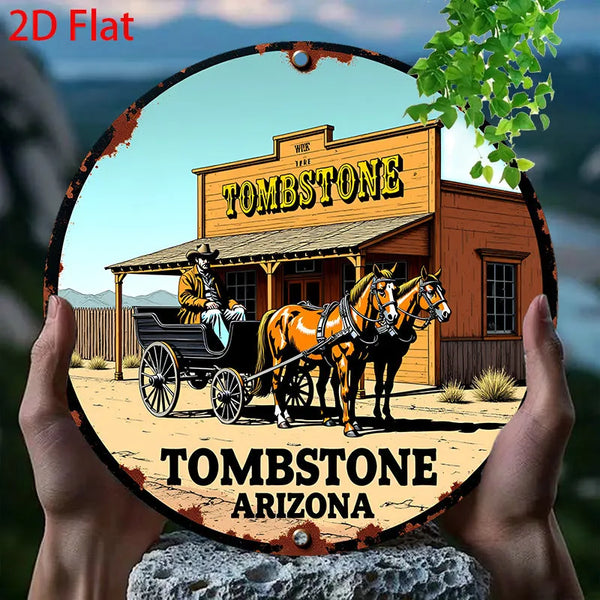 A vintage western tombstone sign featuring a wooden building and a horse, set against a scenic landscape.