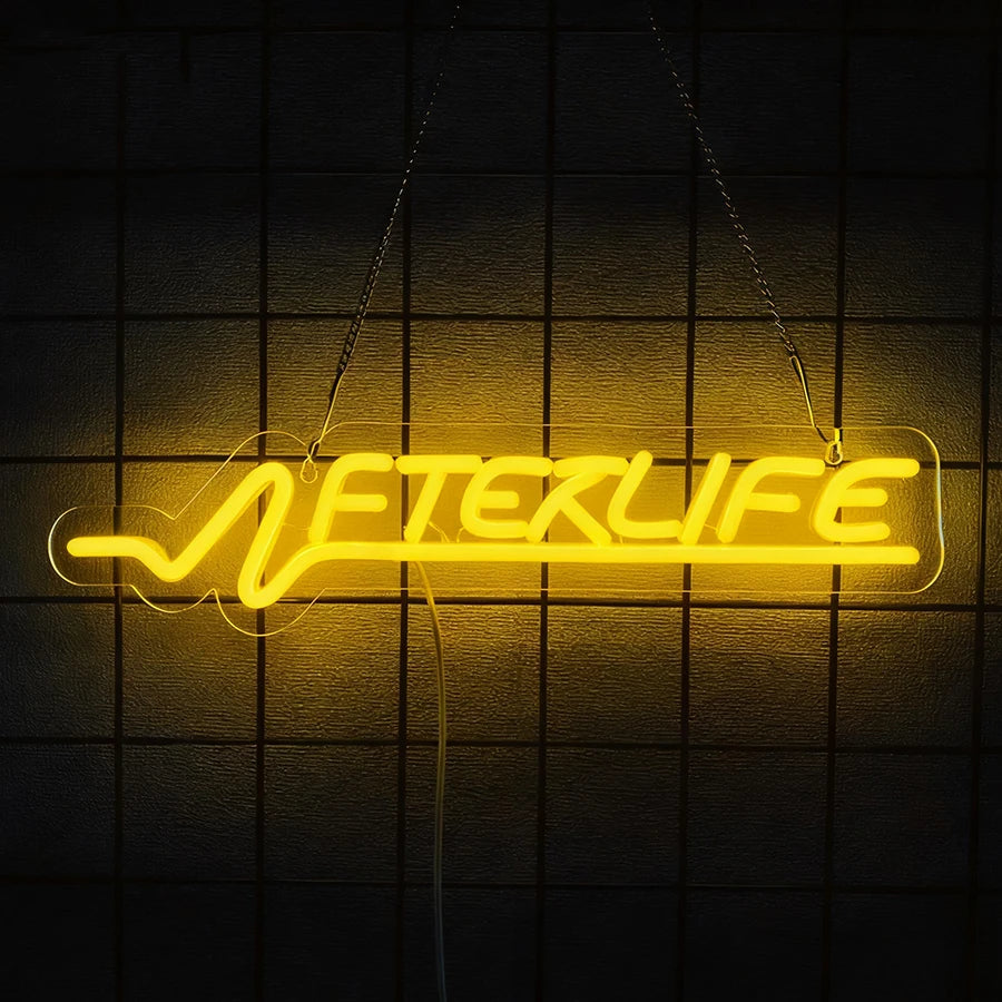 A glowing yellow neon sign spelling 'ETERLIFE' is suspended against a dark grid background.