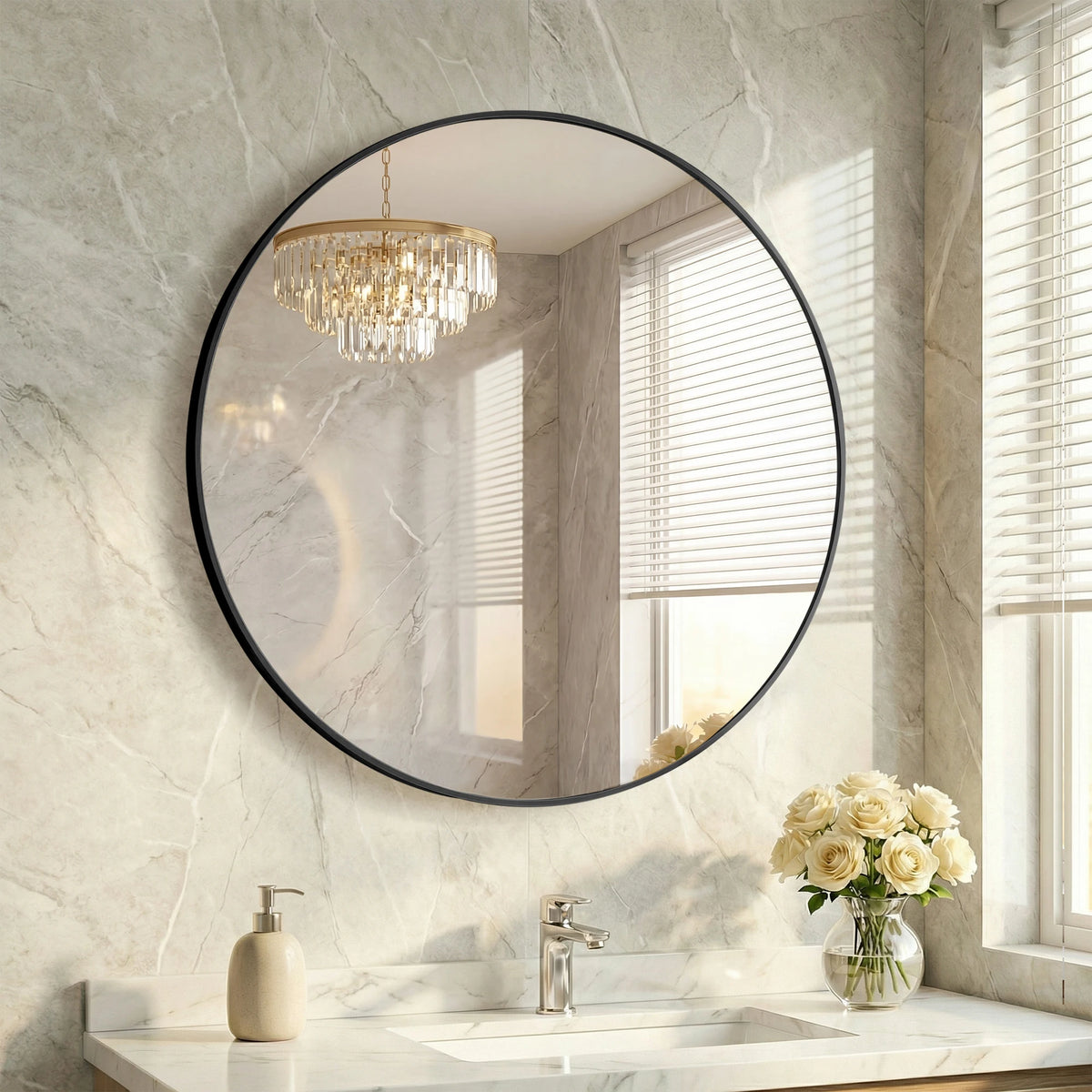A round decorative wall mirror with a black frame hangs above a marble vanity sink and faucet.