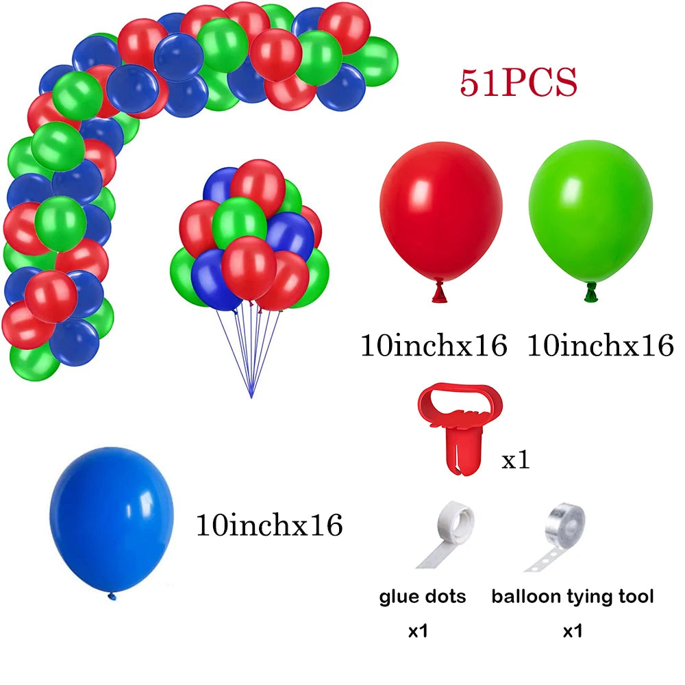 A set of 51 balloons, including red, green, and blue spherical balloons, and a balloon garland arch kit with star foil accent