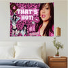 A pink leopard print tapestry wall hanging featuring a girl with dark hair and makeup.