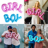A collection of pink and blue foil letter balloons for a gender reveal party, including GIRL and BOY designs.