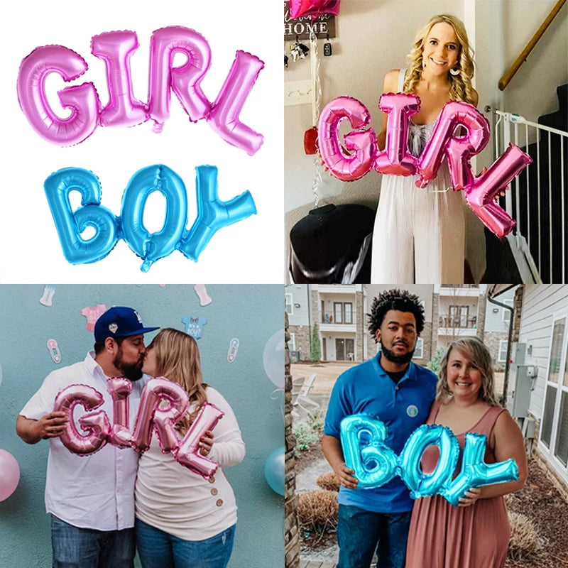 A collection of pink and blue foil letter balloons for a gender reveal party, including GIRL and BOY designs.