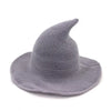 A gray vintage knit witch hat with a pointed crown and wide brim.