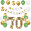 A set of green and gold birthday balloons and a banner spelling out Happy Birthday