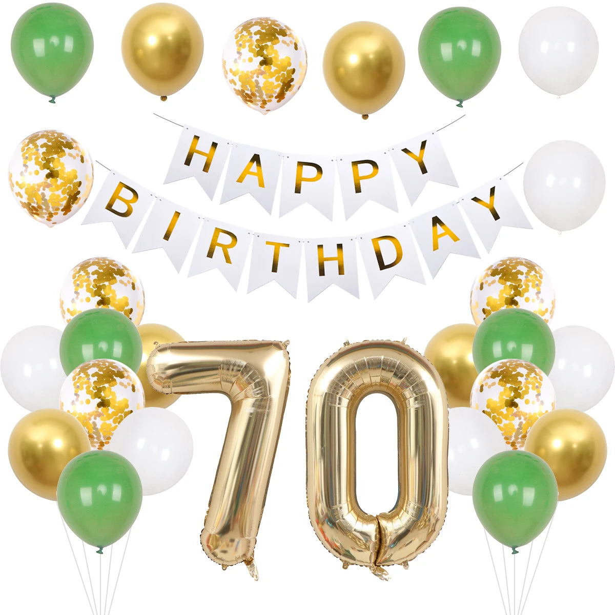 A set of green and gold birthday balloons and a banner spelling out Happy Birthday