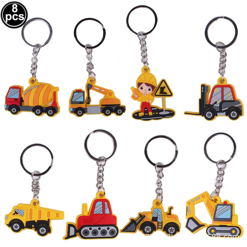 Set of eight construction vehicle themed party favors including dump trucks and excavators