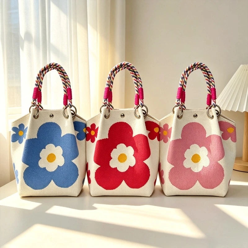 Three pink and blue floral jacquard knitted shoulder bags with braided handles displayed on a white surface.