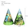 Six party hats shaped like a cone featuring Minecraft characters for a birthday decoration kit.