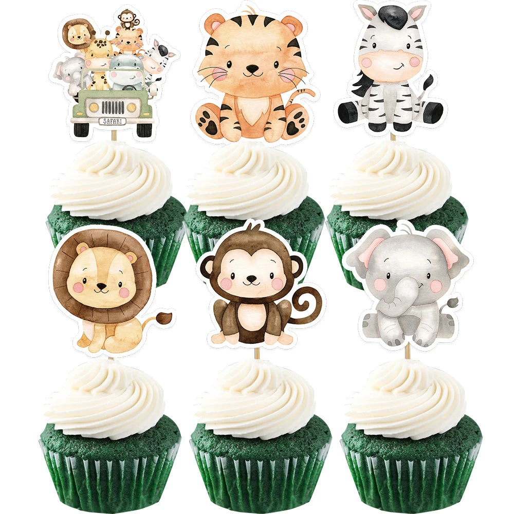 A set of cake toppers featuring various jungle animals like a lion, tiger, horse, and elephant.