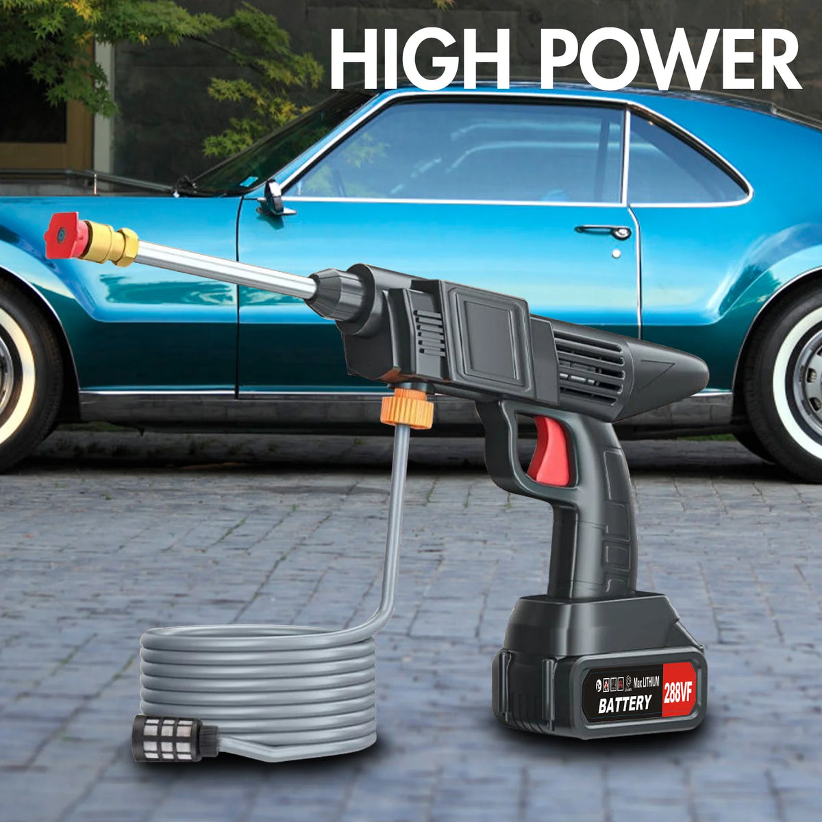 A black cordless electric pressure washer with a red nozzle and battery is shown in front of a blue car.
