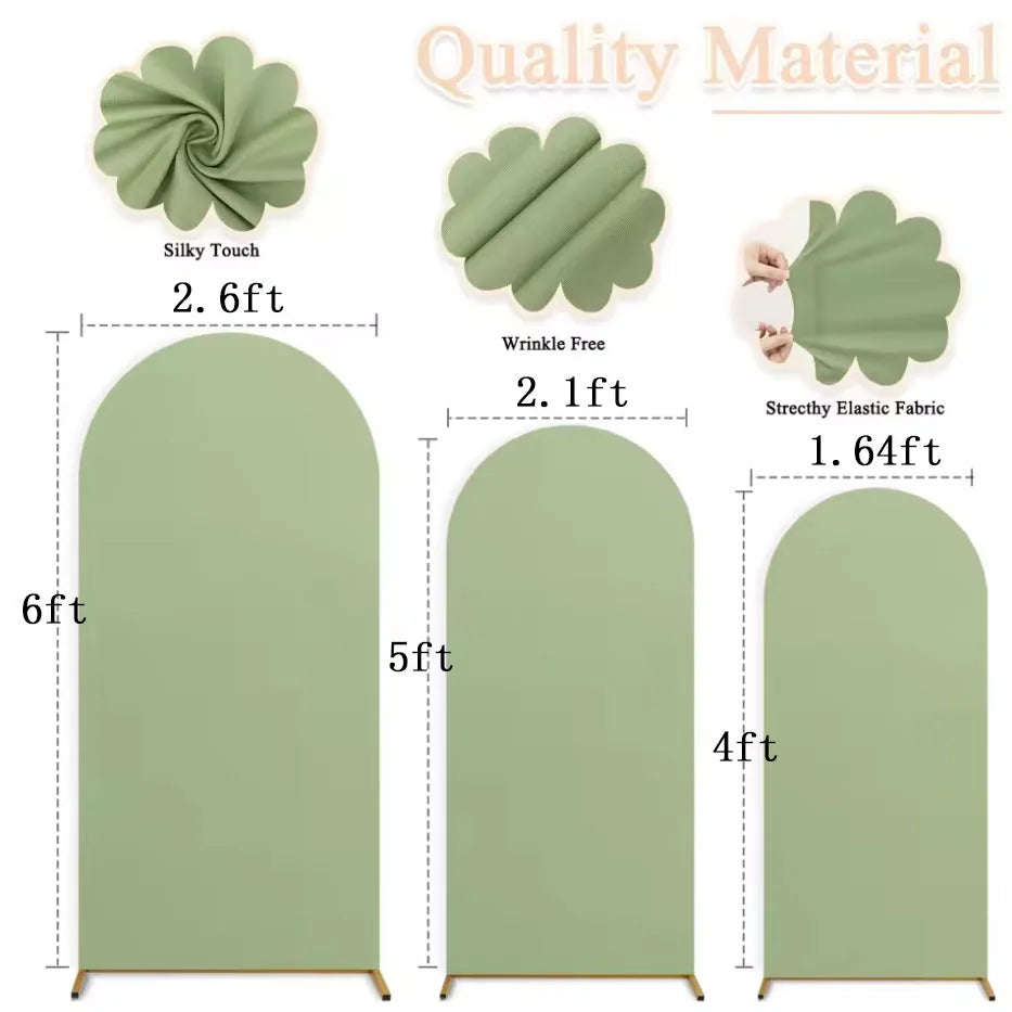 Set of three stretchy fabric arch covers in sage green with various heights and textures for wedding backdrops