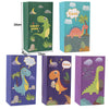 A set of purple and green dinosaur-themed party decorations including cards and banners.