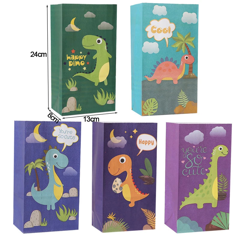 A set of purple and green dinosaur-themed party decorations including cards and banners.