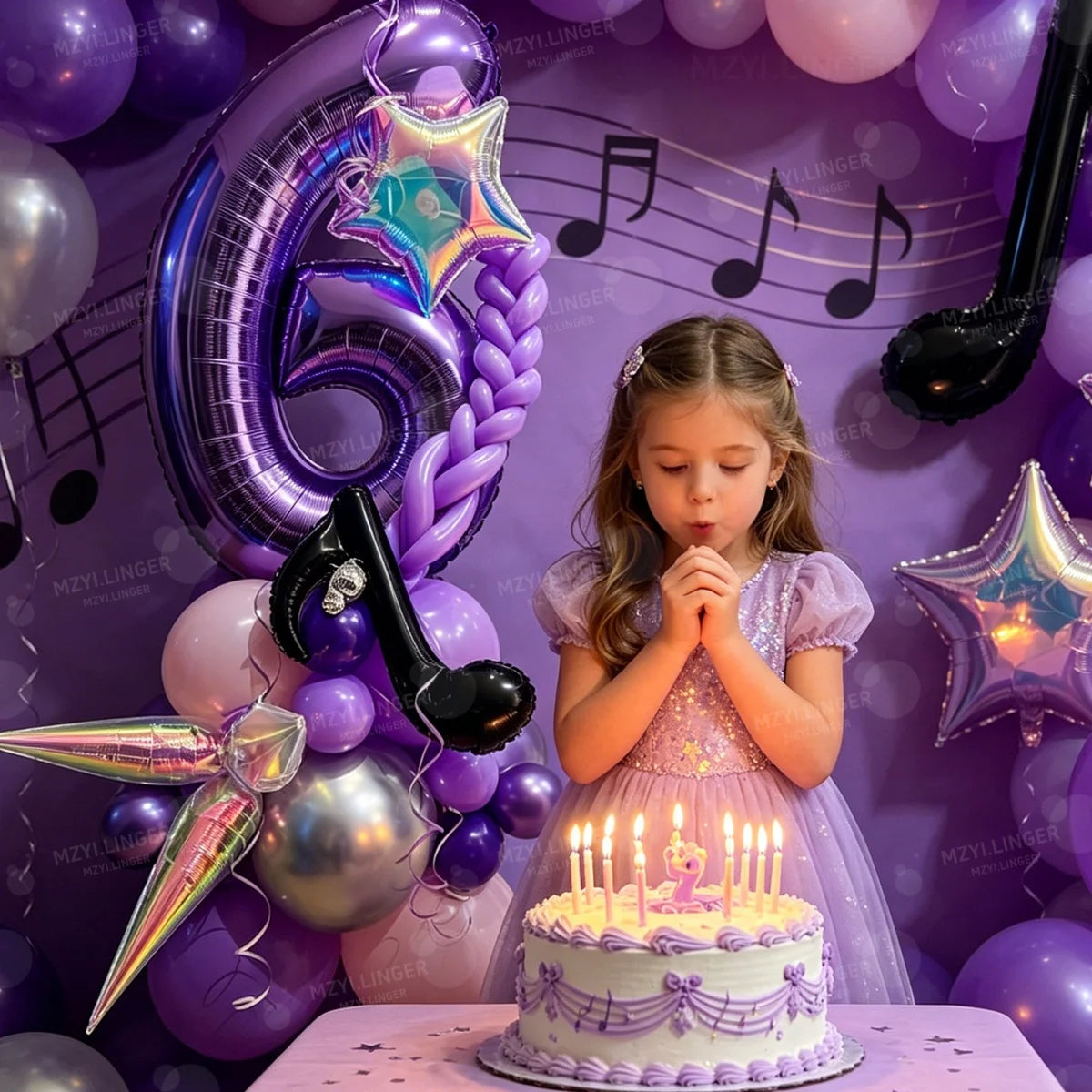 A young girl is seated in front of a purple and silver music theme birthday balloon column set.