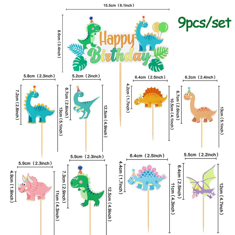 A set of nine dinosaur-themed party items including a banner, balloons, and disposable tableware for a birthday celebration.