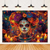 A vibrant Day of the Dead fiesta photo backdrop featuring a colorful floral skull design with intricate details.