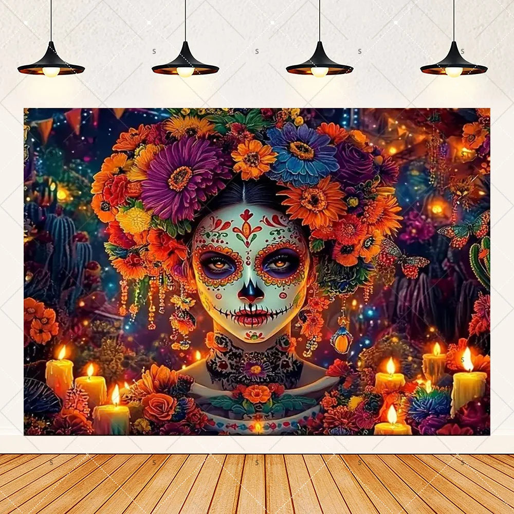 A vibrant Day of the Dead fiesta photo backdrop featuring a colorful floral skull design with intricate details.