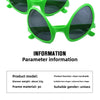 A pair of bright green, oversized sunglasses with a unique alien or Martian shape.