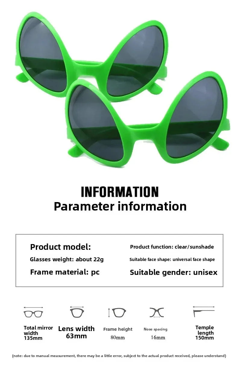 A pair of bright green, oversized sunglasses with a unique alien or Martian shape.