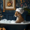 A leopard is resting in a bathtub filled with white foam, set against a dark floral wallpaper.