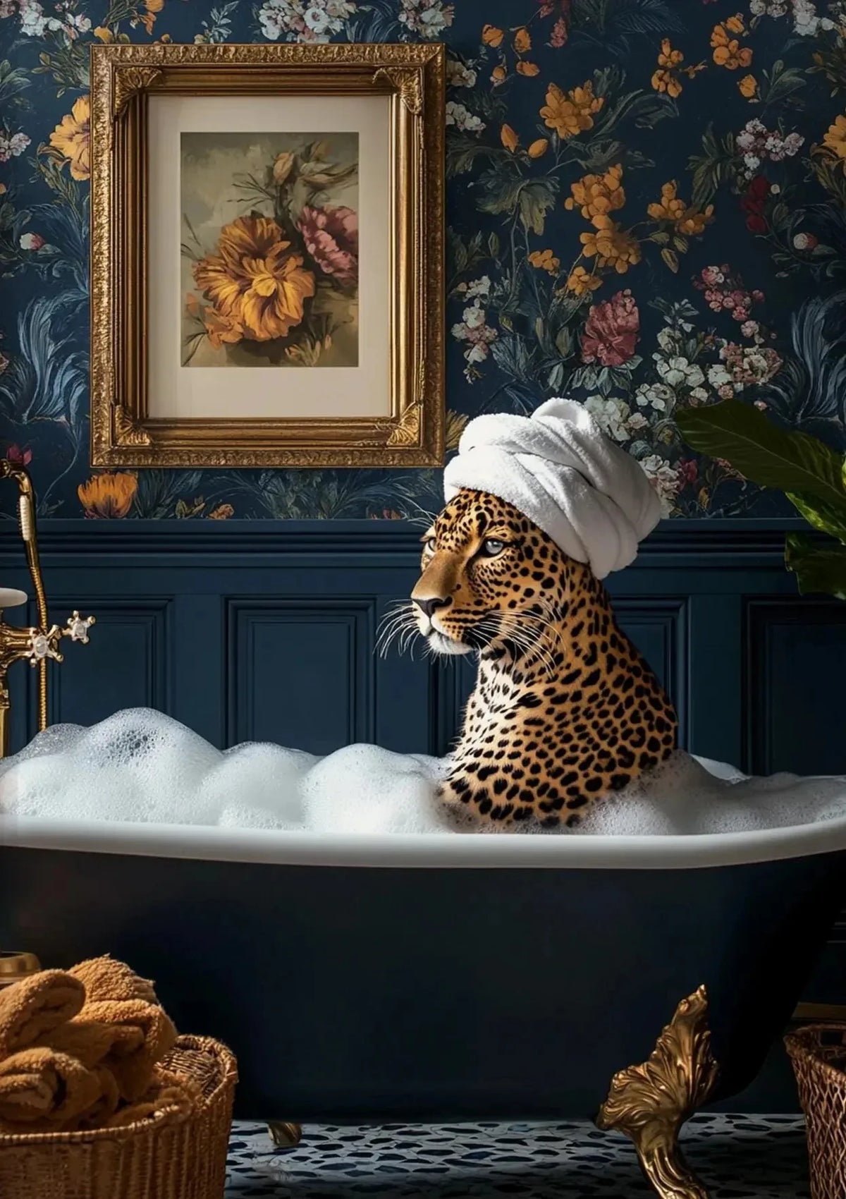 A leopard is resting in a bathtub filled with white foam, set against a dark floral wallpaper.