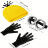 A set of Halloween costume accessories including a yellow knitted hat, black gloves, and a strap for glasses.