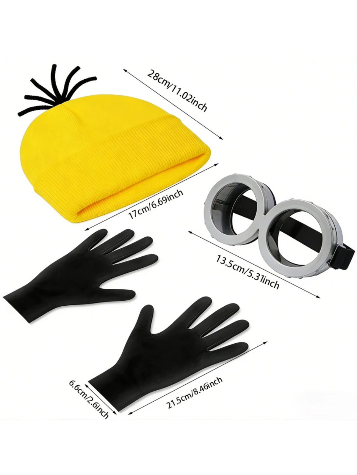 A set of Halloween costume accessories including a yellow knitted hat, black gloves, and a strap for glasses.