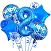 A set of navy and gold number foil balloons spelling HAPPY BIRTHDAY