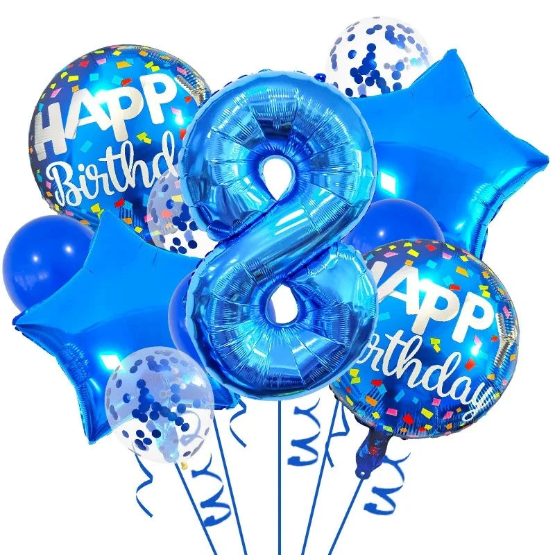 A set of navy and gold number foil balloons spelling HAPPY BIRTHDAY