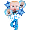 Blue balloons featuring Baby Boss characters and the number four for a birthday party