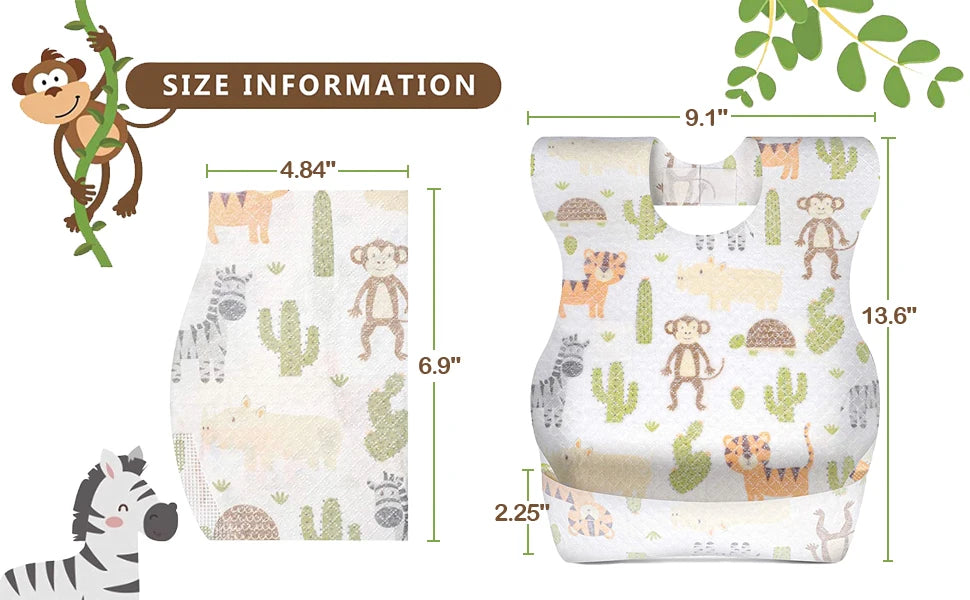 A set of disposable baby bibs featuring various jungle animals and cactus patterns, shown with size measurements.