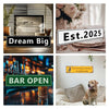 A collage of four vintage tin signs featuring motivational phrases like Dream Big, BAR OPEN, and a security guard theme.