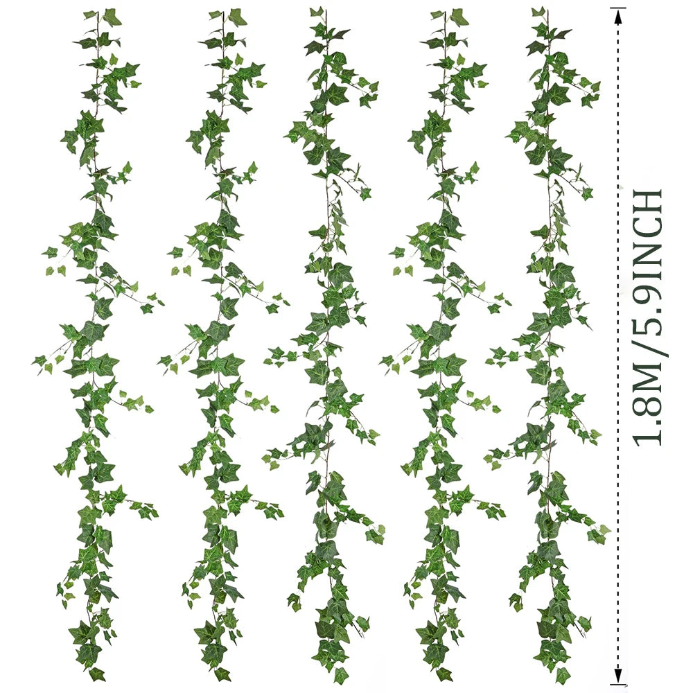A set of artificial ivy garlands displayed vertically, showing various lengths and arrangements for home decor.