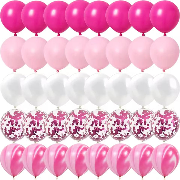 A collection of rose pink metallic latex balloons for parties and celebrations.