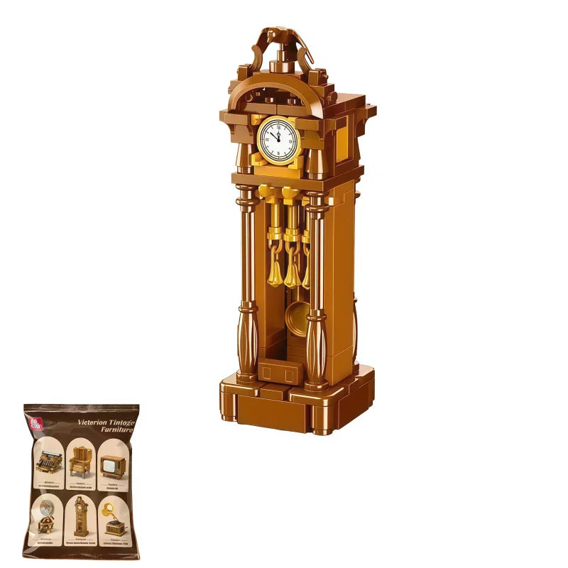 A vintage-style wooden clock and furniture display model built from building blocks.