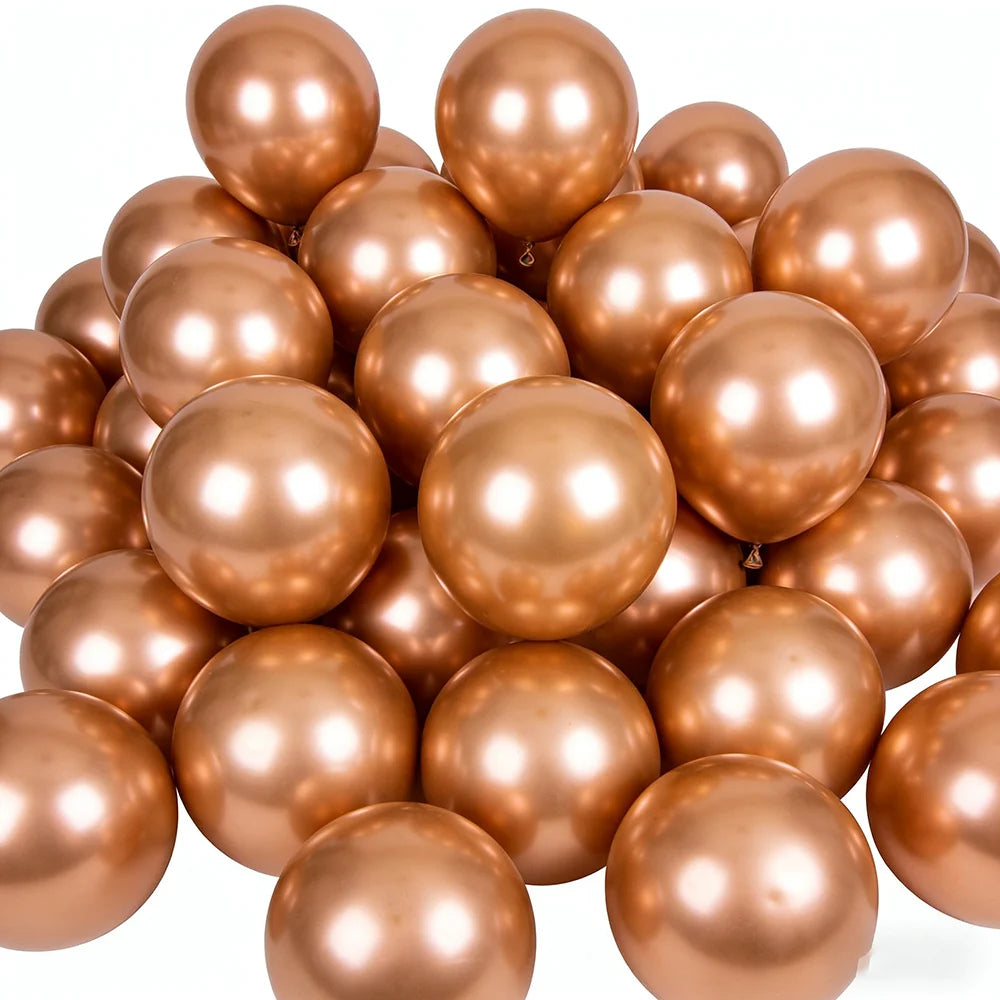 A close-up view of a 50-pack of chrome metallic balloons in various shades of rose gold and copper.