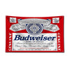 A red decorative flag featuring the Budweiser logo and text for a beer-themed decor item.