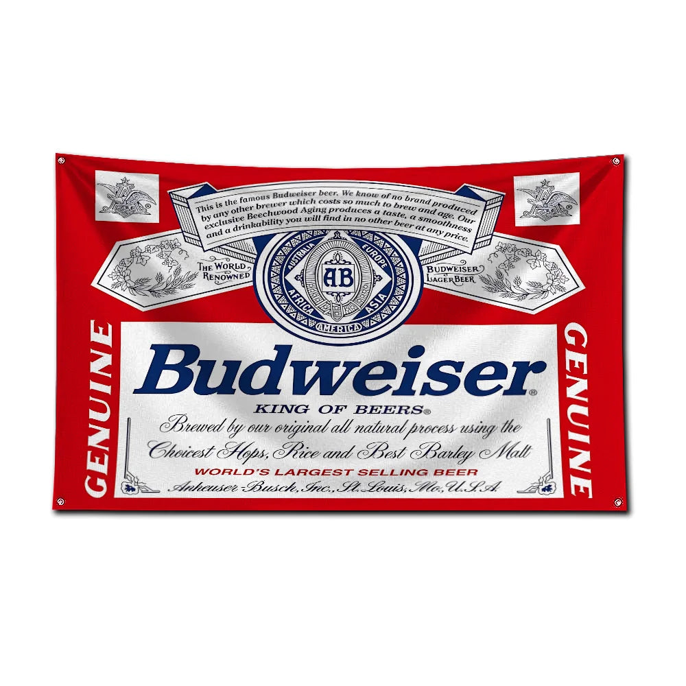 A red decorative flag featuring the Budweiser logo and text for a beer-themed decor item.
