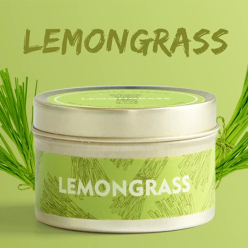 A jar of Lemongrass natural soy wax travel candle with green label and lemongrass stalks.