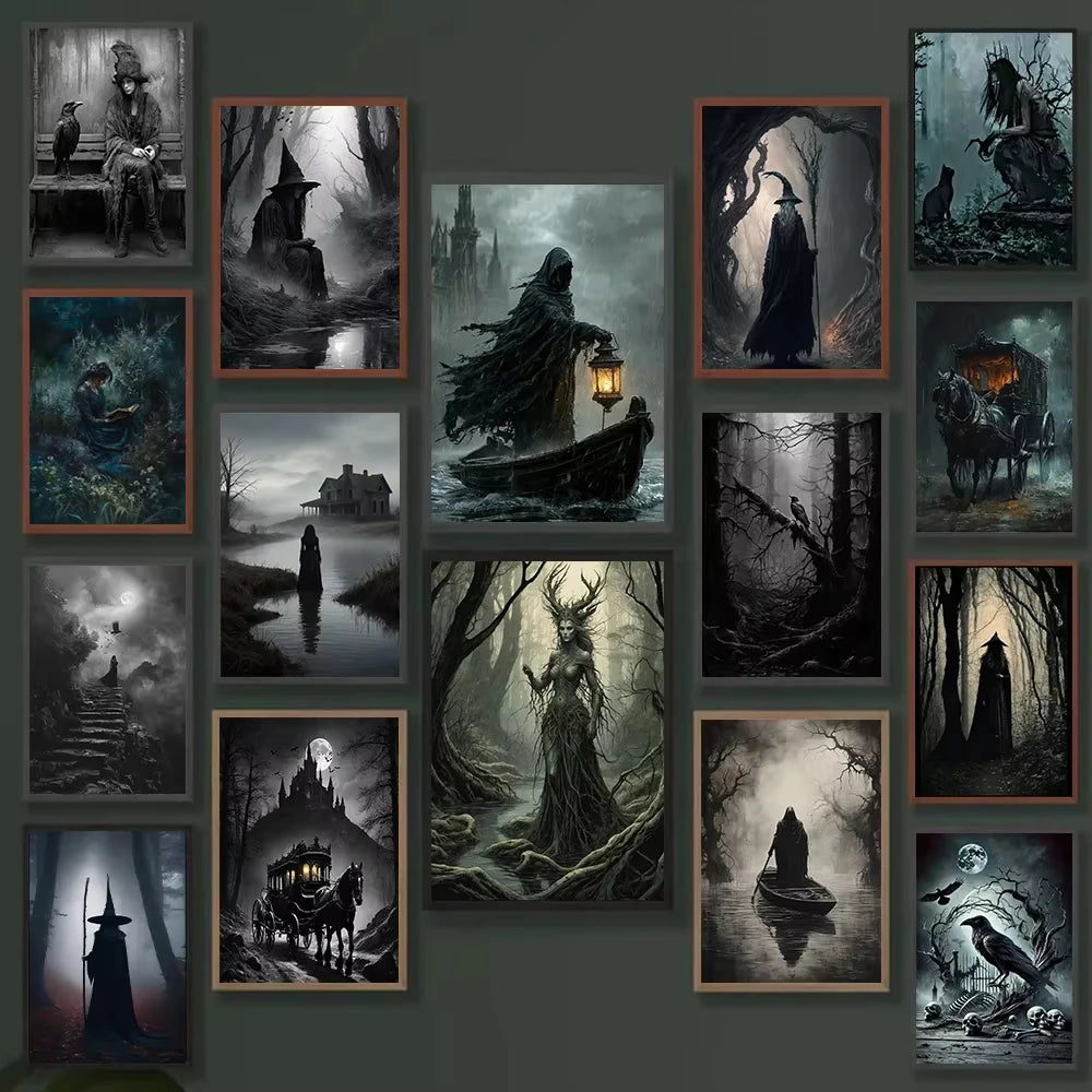 A collection of dark academia witch demon art canvas prints featuring figures, landscapes, and mystical scenes.